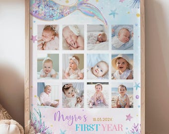 Editable Mermaid First Year Photo Collage, Mermaid 1st Birthday Milestone Poster, Under The Sea Birthday Decorations, Instant Download. M010