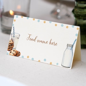 May include: A white card with blue and orange polka dots. The card has a picture of a glass of milk with a straw, a bottle of milk with a straw, and chocolate chip cookies. The text on the card says "Food name here".