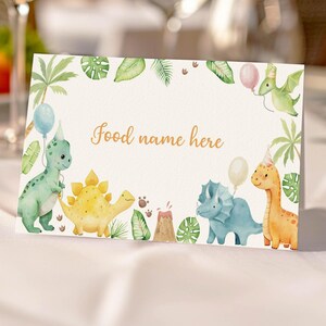 Dinosaurier-Geburtstags-Party-Tischzelt, Dinosaurier-Babyparty-Lebensmitteletikettenkarte, Dinosaurier-Party-Dekor-Tischkarten, bearbeitbare Vorlage. D016