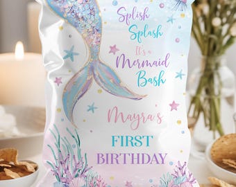 EDITABLE Mermaid Party Chip Bag Template, Under The Sea Birthday Party Favors, Mermaid Birthday Printable, Girl Birthday Chip Bags. M010