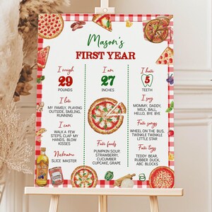 EDITIERBARE Pizza Party Erster Geburtstag Meilensteintafel, Kinder Pizza Meilensteintafel, Pizza Party Meilensteintafel, druckbares Partyschild. P016