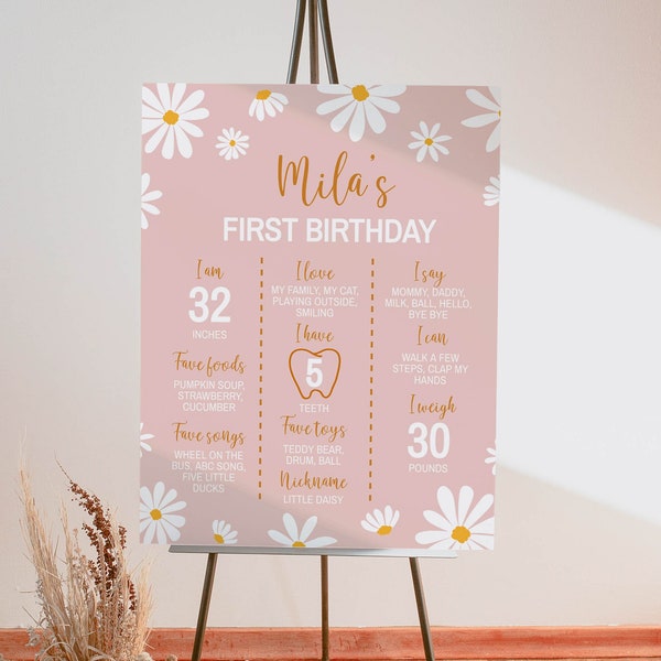 Plaque MODIFIABLE pour le premier anniversaire de Daisy, affiche de bébé un an de Miss Daisy, tableau de fête d'anniversaire rétro Daisy, modèle imprimable. D003