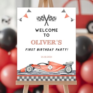 EDITABLE Race Car Birthday Welcome Sign, Red Car 1st Birthday Sign for Boy, Printable Racing Theme Party Decor, Fast One Birthday. R012