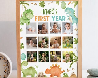 Editable Dinosaur Birthday Photo Collage, Dinosaur Party Decorations 12 Month Collage, Dinosaur 1st Birthday Milestone Instant Download D021