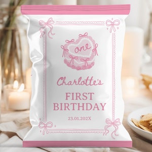 EDITIERBARE Geburtstags-Chip-Tasche mit rosa Schleife, Mädchen wollen nur eins sein Geburtstagsgeschenke, rosa Mädchen-Gastgeschenke, druckbare Vorlage. C014