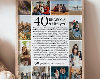 Poster modificabile "40 motivi per cui ti amiamo", regalo per il 40° compleanno per lui e per lei, collage fotografico personalizzato, modello stampabile personalizzato. M004