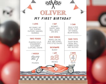Bewerkbare poster voor een raceauto-verjaardag, mijlpaalbord voor de eerste verjaardag met raceauto-thema, krijtbord voor de eerste verjaardag, direct te downloaden. R012
