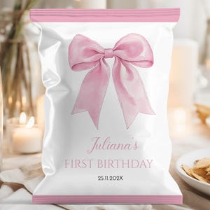 EDITIERBARE Rosa Schleife Geburtstags-Chip-Tasche, Mädchen 1. Geburtstag Gastgeschenke, Minimale Rosa Party Geburtstags-Gastgeschenke, druckbare Vorlage. P017