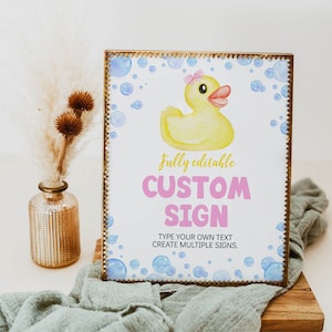 Panneau personnalisé MODifiable d&#39;anniversaire de canard en caoutchouc, panneau de Table de fête d&#39;anniversaire de canard jaune, décoration de 1er anniversaire de fille, panneau de 1er anniversaire imprimable. D008