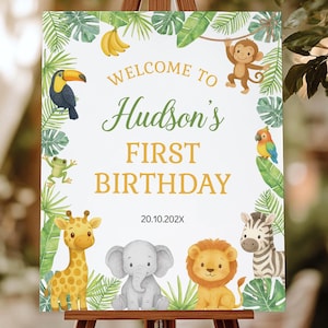 Placa de boas-vindas Wild One EDITÁVEL para aniversário, decorações para festa Safari, Placa de boas-vindas Wild One, quadro de aniversário Safari, modelo para impressão. A015