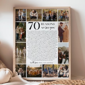 Póster "70 razones por las que te amamos", regalo de 70 cumpleaños para él, para ella, para mamá, collage de fotos personalizado, plantilla imprimible personalizada. M004
