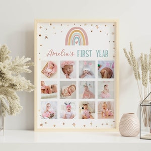 Collage photo modifiable de première année, impression photo de 12 mois, cadre photo du premier anniversaire, affiche de première année Boho Rainbow, personnalisable. #R010