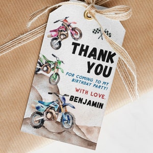 EDITIERBARE Dirt Bike Geburtstag Dankeschön Tag, Jungen Geburtstag Party Favor Tag, Dirt Bike Geschenkanhänger, Sommer Party Dekoration. D009