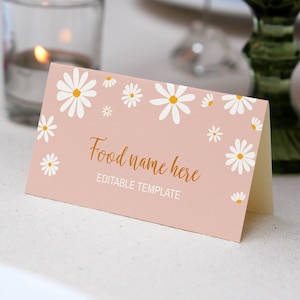 Cartão EDITÁVEL para barraca de comida de aniversário de margarida, cartão de nome de comida para festa de margarida, decoração de primeiro aniversário de menina, festa de flores silvestres, download instantâneo. D003
