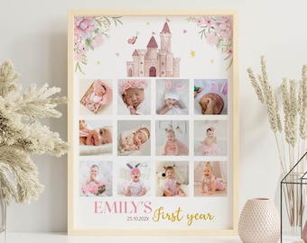 Editable Princess 1st Birthday Photo Collage, Princess Party Decor 12 Month Collage, Royal 1st Birthday Poster, Printable Template P001