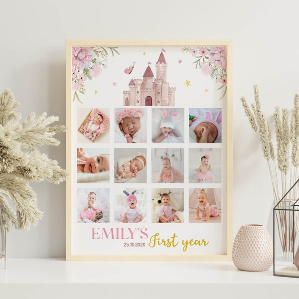 Editable Princess 1st Birthday Photo Collage, Princess Party Decor 12 Month Collage, Royal 1st Birthday Poster, Printable Template P001