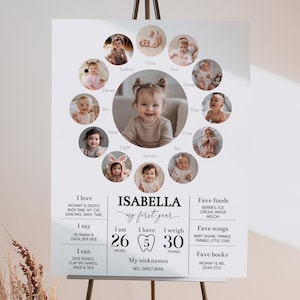 Panneau MODIFIABLE pour le premier anniversaire, affiche moderne pour le premier anniversaire, tableau photo pour bébé d'un an, modèle imprimable. FA03