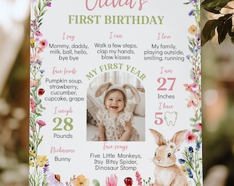 Panneau photo MODifiable premier anniversaire de lapin, affiche de fleurs sauvages d'un an de bébé, tableau floral de fête d'anniversaire de lapin, imprimable. B023