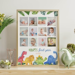 Collage de fotos de cumpleaños de dinosaurios editable, collage de 12 meses con decoraciones para fiestas de dinosaurios, descarga instantánea del hito del primer cumpleaños de los dinosaurios D006