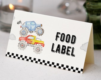EDITABLE Monster Truck Birthday Food Tent Card, Monster Trucks Party Food Name Card, Boy Birthday Decoration, Printable. M008