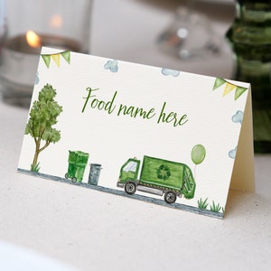 EDITABLE Garbage Truck Birthday Food Tent Card, Trash Truck Party Food Name Card, Garbage Truck Birthday Decoration, Printable. T007