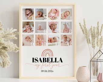 Editable First Year Photo Collage, 12 Month Photo Print, First Birthday Photo Frame, Rainbow First Year Poster, Customizable Template. #R004