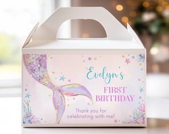 EDITABLE Mermaid Gable Gift Box Label, Pastel Mermaid Birthday Favor Box Gable Label, Mermaid Party Decoration, Printable Template. M010