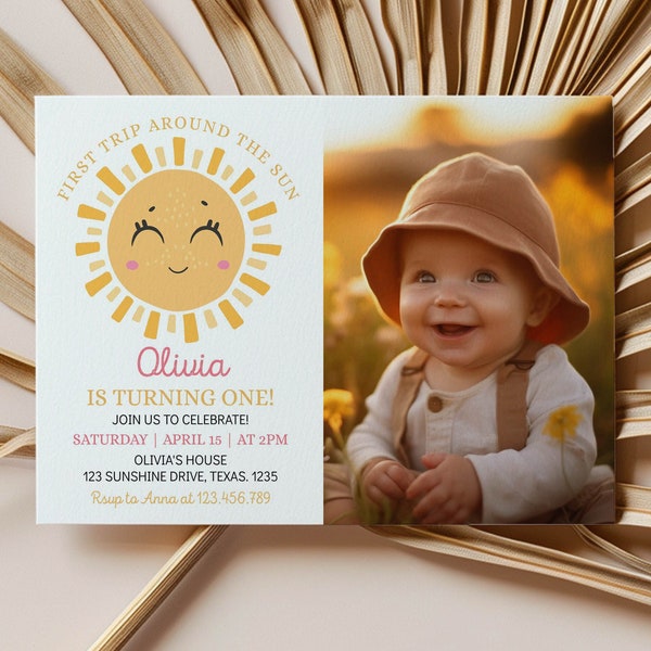 Editable First Trip Around The Sun Invitation, Sunshine 1st Birthday Photo Invite, Girl 1st Birthday Invite, Printable Birthday Card. S018