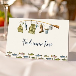 EDITIERBARE Angeln Party Food Zeltkarte, die große Geburtstags-Food-Namenskarte, Angeln-Geburtstagsdekoration, Instant Download. F017