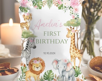 Editable Wild One Chip Bag Template | Pink Floral Safari Treat Bag | Jungle Animals Party Favor Bag | Instant Download | A018