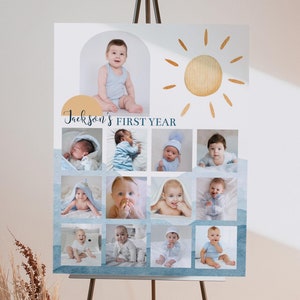 Bearbeitbare Fotocollage für das erste Jahr, erste Reise um die Sonne Geburtstags-Meilensteinposter, Boho Boy 1st Birthday Schildvorlage. S005