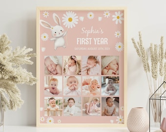 Colagem de fotos editável do primeiro ano, banner de fotos dos 12 meses, moldura para o primeiro ano do bebê, pôster de aniversário de um ano com margaridas, modelo personalizável. B017