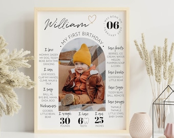 Cartello MODIFICABILE per il primo compleanno, poster moderno per il primo compleanno, bacheca con foto del primo anno di vita, modello stampabile. #M004
