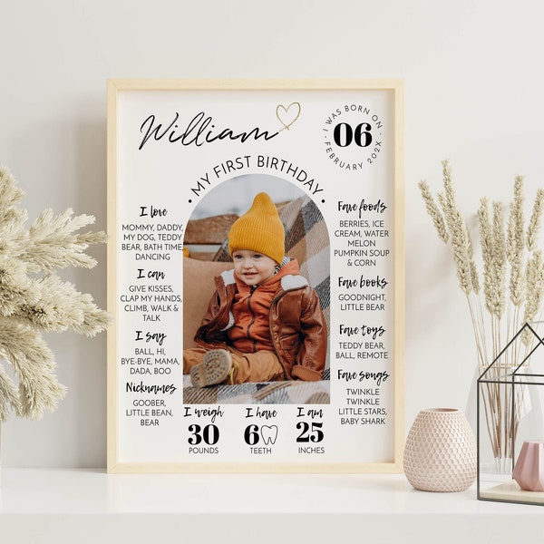 Signo EDITABLE del hito del primer cumpleaños, póster moderno del hito del primer cumpleaños, tablero de hitos del bebé con foto de un año, plantilla imprimible. #M004