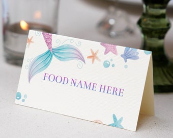 EDITABLE Mermaid Party Food Tent Card, Pastel Mermaid Food Name Card, Mermaid Birthday Decor, Under The Sea Party, Instant Download. M001