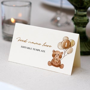 Etiquetas de comida de primeiro aniversário de urso EDITÁVEIS, cartões de barraca de comida de chá de bebê de urso, etiquetas de comida de ursinho de pelúcia, modelo para impressão, download instantâneo. T004