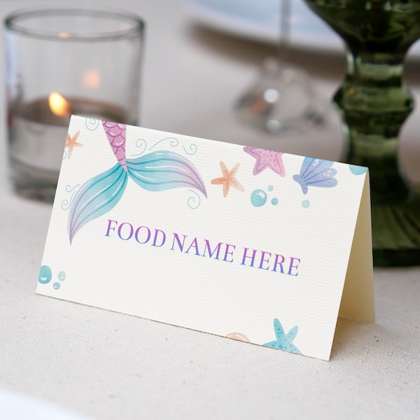 Tarjeta editable para carpa de comida para fiesta de sirena, tarjeta con nombre de sirena pastel, decoración de cumpleaños de sirena, fiesta submarina, descarga instantánea. M001