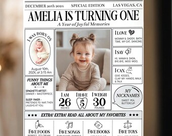 Editable First Birthday Milestone Sign, One Year Of Baby Birthday Newspaper Template, Custom Newspaper Poster, My First Year Photo Board.
