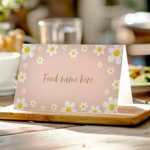 Cartão de barraca de comida de aniversário Daisy EDITÁVEL, cartão de nome de comida de festa Daisy, decoração de aniversário Boho, decoração de festa de jardim floral, download instantâneo. D017