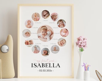 Editable First Year Photo Collage, 12 Month Photo Print, First Birthday Photo Frame, Baby's First Year Poster, Customizable Template. #FA03