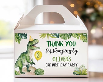 EDITABLE Dinosaur Birthday Gable Gift Box Label, Dinosaur Party Favors Gable Label, Three Rex Party Gift Box Label, Printable Template. D002