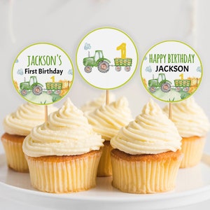 EDITIERBARE Traktor Cupcake Toppers, Grüner Traktor Geburtstagsdekoration, Farm Boy 1st Birthday Party Decor, druckbare Vorlage. T003