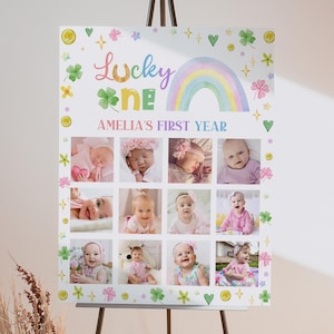 Collage de photos de la première année de Lucky One, affiche de la première année arc-en-ciel de Lucky One, modèle d'étape importante pour la photo du 1er anniversaire de la fille rose de la Saint-Patrick. L008
