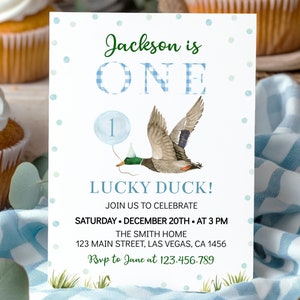 BEARBEITBAR Eine Lucky Duck Geburtstagseinladung, Junge 1. Geburtstag einladen, Lucky Duck Geburtstagseinladung, Printable Geburtstagskarte. L007
