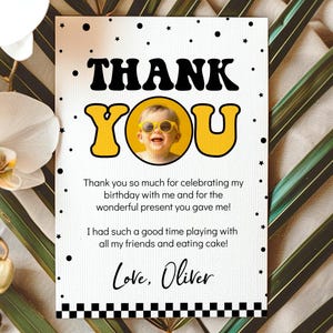 EDITÁVEL Cartão de agradecimento de 1º aniversário de um cara feliz, Cartão de agradecimento com foto de aniversário de menino, Festa de aniversário de um cara feliz, Para impressão. O008