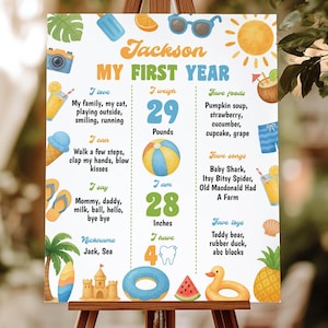 Póster de hitos &quot;Uno bajo el sol&quot;, letrero editable con estadísticas para el primer cumpleaños, tablero de hitos de verano para bebés, decoración imprimible para fiestas de sol. S024