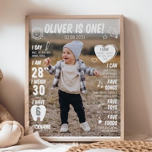 Panneau MODIFIABLE pour le premier anniversaire, affiche photo pour le premier anniversaire, tableau noir pour bébé d'un an, modèle imprimable. MI02