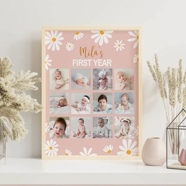 Editable First Year Photo Collage, 12 Month Photo Banner, Baby First Year Frame, Daisy First Birthday Poster, Customizable Template. #D003