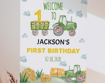 EDITABLE Tractor Birthday Welcome Sign, Green Tractor Birthday Party Sign, Farm Boy 1st Birthday Decoration, Printable Template. #T003