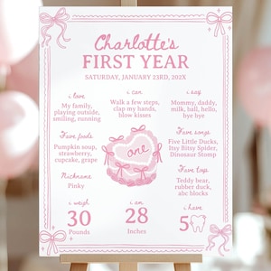 Tableau d'étape rose avec noeud pour le 1er anniversaire, affiche d'étape importante pour le premier anniversaire de la Saint-Valentin coquette rose, modèle de plaque pour le 1er anniversaire d'une fille. C014